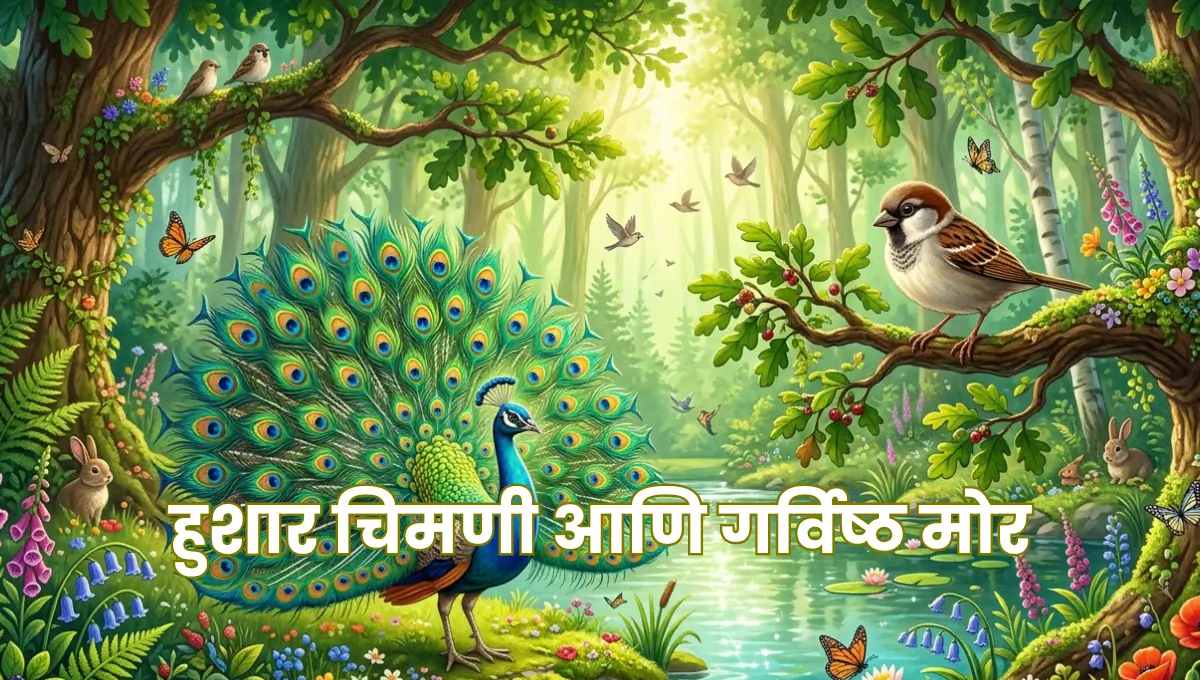 The Clever Sparrow and the Proud Peacock – A Moral Bedtime Story for Kids | हुशार चिमणी आणि गर्विष्ठ मोर – मुलांसाठी सुंदर बोधकथा